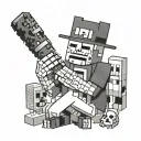 A tattoo of a pixelated Minecraft character smoking a joint, surrounded by skeletal cats tattoo design idea