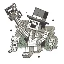 A tattoo of a pixelated Minecraft character smoking a joint, surrounded by skeletal cats tattoo design idea