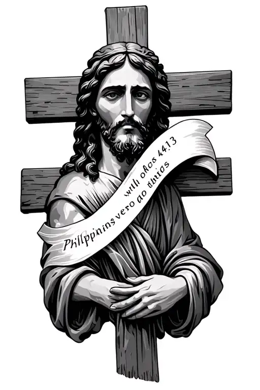 jesus with Philippians 4:13 Phillipeins verse and a cross tattoo design idea