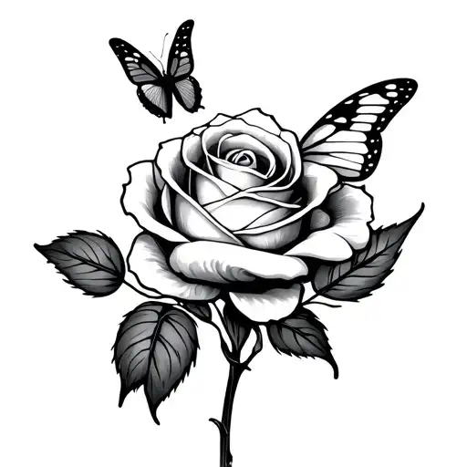 single rose with butterfly fine line very feminine and minimalist tattoo design idea