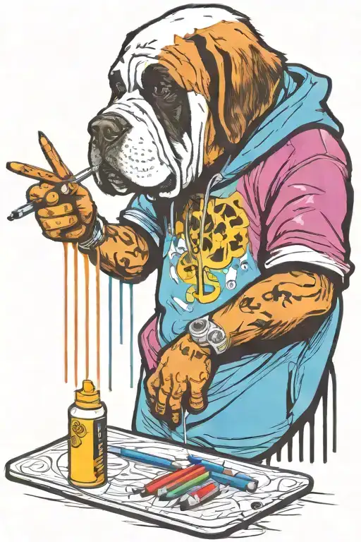 standing graffiti artist creating a masterpiece. replace human head for st Bernard head. holding a marker pen tattoo design idea