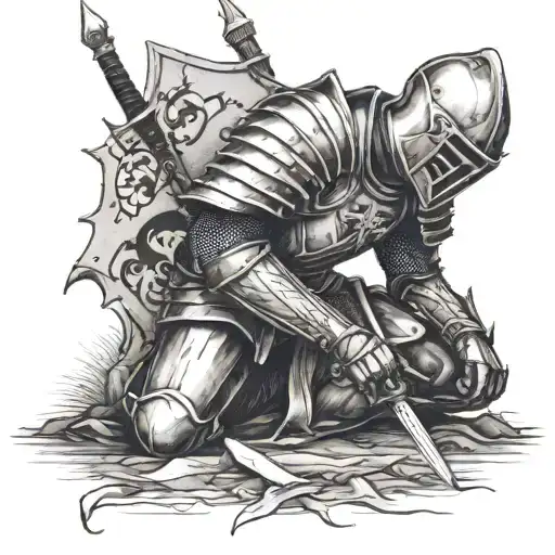 Knight kneeling with a sword in the ground paying respect tattoo design idea