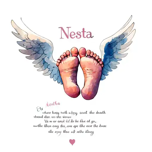 baby feet with angel wings with the name Nesta underneath and a bible verse about death tattoo design idea