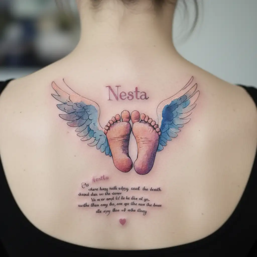 baby feet with angel wings with the name Nesta underneath and a bible verse about death tattoo design idea