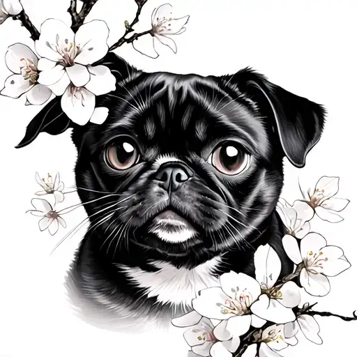 PUG AND A BLACK CAT AND A CHERRY BLOSSOMS tattoo design idea