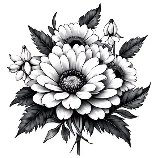 chrysanthemum, carnations, snowdrop flowers intertwined tattoo design idea