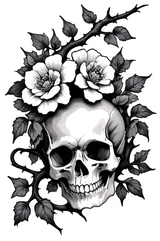 tiny skull flowers on thorny vine tattoo design idea