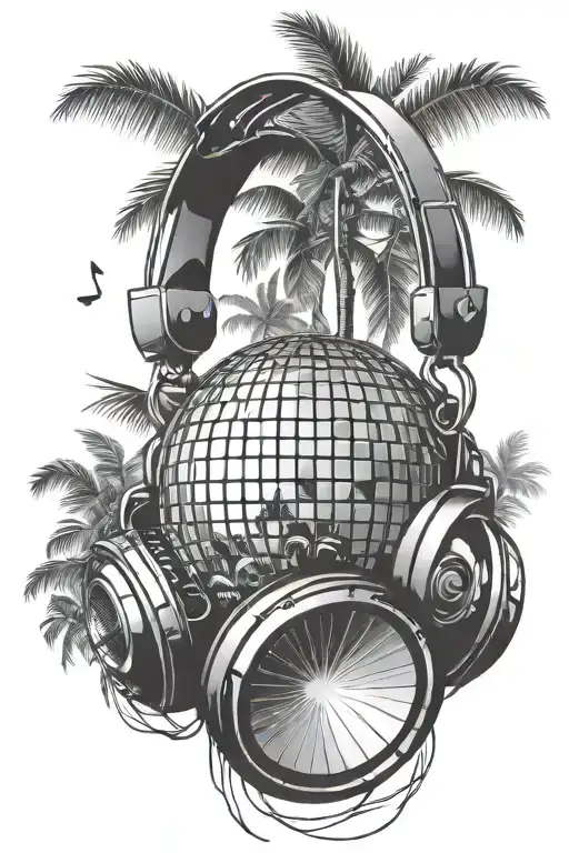 Disco ball Headphones Speakers Reversed out star rays, palm trees and island scene tattoo design idea