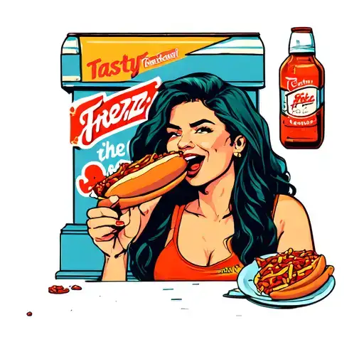 woman eating a chili dog outside the tasty freeze tattoo design idea