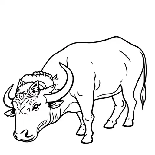 A water buffalo with a small cat sleeping on his back. Polynesian style tattoo design idea