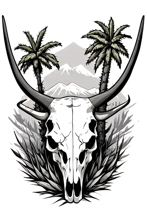 western, mountain, desert, palm tree, cactus, bull skull tattoo design idea
