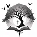 Semicolon, tree, cross, book, bird tattoo design idea