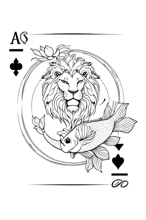 A mystical representation of the astral card with a lion, a koi fish and lotus flower intertwined tattoo design idea