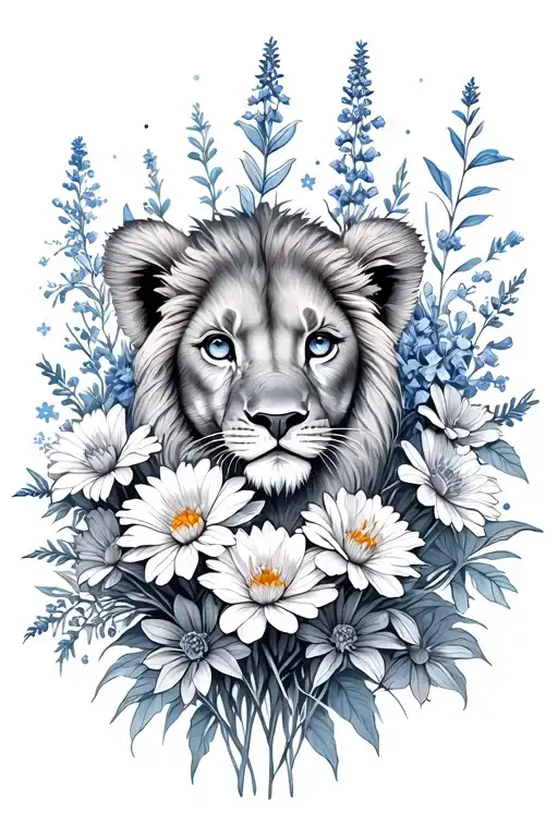 lion cub, bouquet of asters, delphinium, water lilies, morning glory flowers, Leo and Virgo constellations tattoo design idea