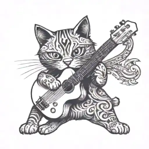 A blackwork tattoo of a cat playing a guitar tattoo design idea