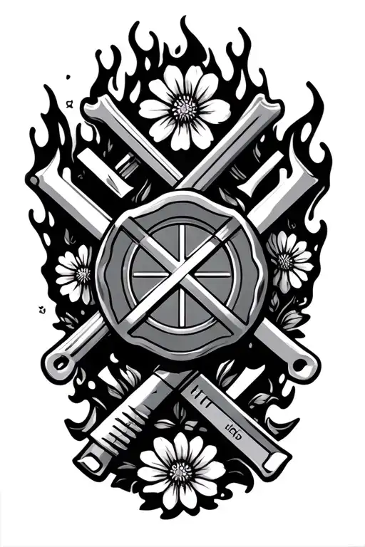 firefighter emblem with tools intertwined and flowers and flames surround  tattoo design idea