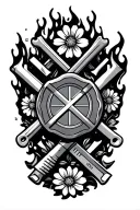 firefighter emblem with tools intertwined and flowers and flames surround  tattoo design idea