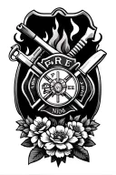 firefighter emblem with tools intertwined and flowers and flames surround  tattoo design idea
