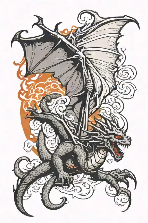 western dragon swooping from fiery portal opening tattoo design idea