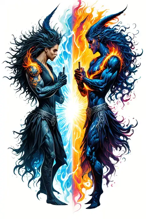 fight betweeen good and evil, separated by a vibrant energy, 2 symbolic characters one on each side facing each other tattoo design idea