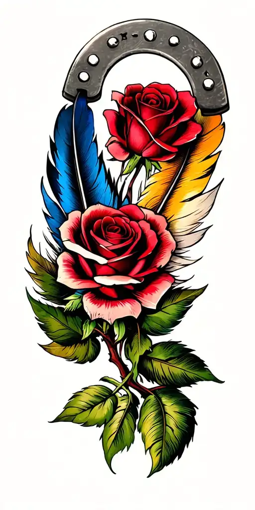 feathers horseshoe roses tattoo design idea
