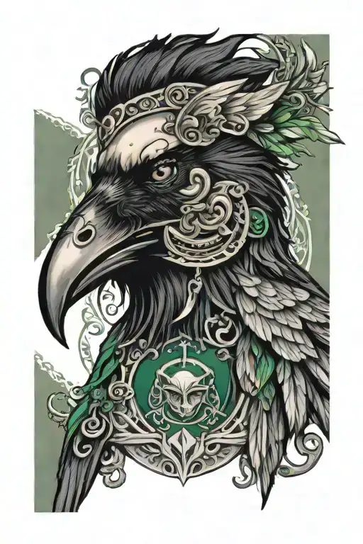 a raven with a high priestess green eyes tattoo design idea