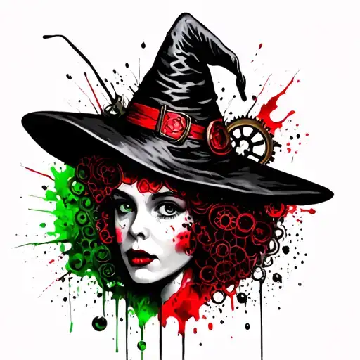 wizard of oz black witch hat with cogs at the side and emerald colours tattoo design idea