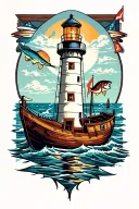 lighthouse, boat, fish tattoo design idea