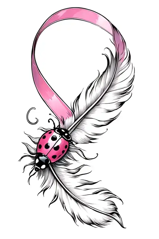 breast cancer ribbon, one side a feather. a lady bug floating tattoo design idea