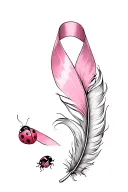 breast cancer ribbon, one side a feather. a lady bug floating tattoo design idea