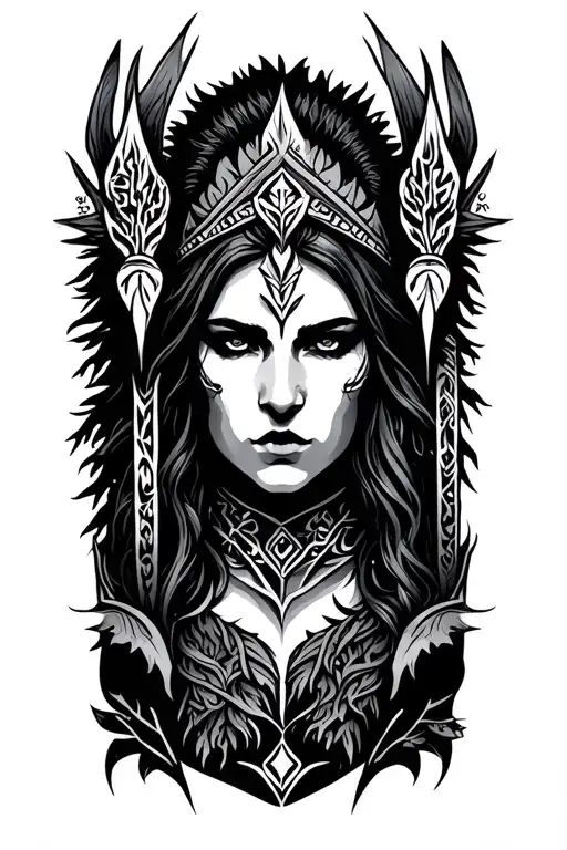 Skadi, Nordic deity of winter and hunting, forest tattoo design idea