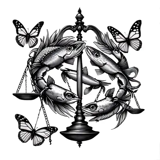 Libra scale weighing pisces fish and cancer crab surrounded by butterflies tattoo design idea