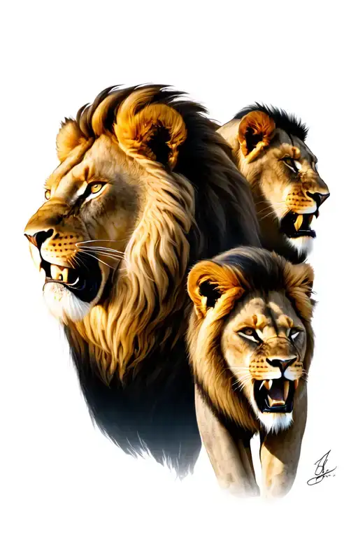 4 lions. one facing forward, one facing left, one facing right, one roaring tattoo design idea