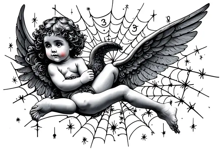 cherub spiderwebs sparkles numbers tattoo design idea