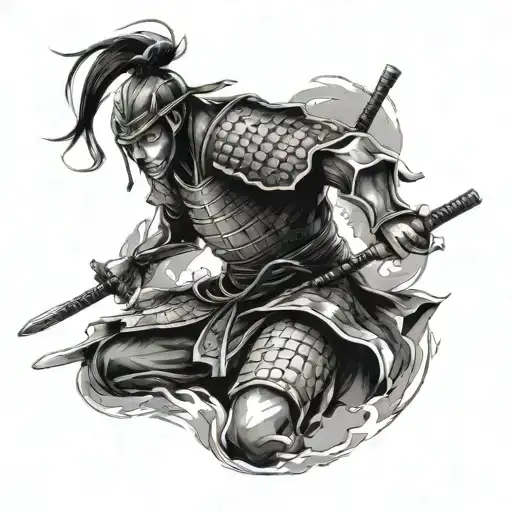 design samurai warrior with never give up in japanese language and give some cloud design around the samurai warrior tattoo design idea