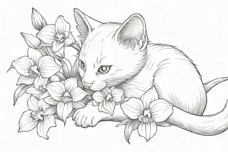 white kitten sits with its back down and sniffs an orchid branch, two black spots on its back near its tail tattoo design idea