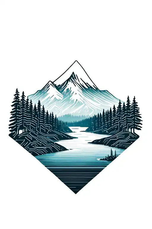 microchip circuit infused with forest with river flowing and  mountain in background  tattoo design idea
