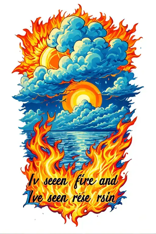 "Iv seen fire and Ive seen rsin" sun clouds fire rain sleeve  tattoo design idea