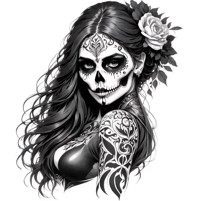 Main subject: Vitting of female from the front "warrior" make -up dead, "katarina celebration of the dead" hair: long hair s tattoo design idea