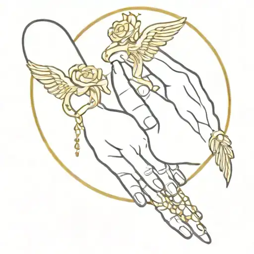 hand pray with a gold rosary, gold roses, a gold angel halo, and a scroll  tattoo design idea