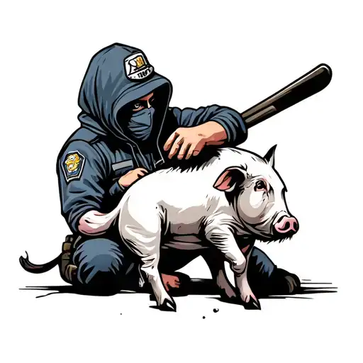 A tattoo outline of A man wearing a hoodie with a ski mask on holding a pig in a cops uniform in a headlock while shovin tattoo design idea