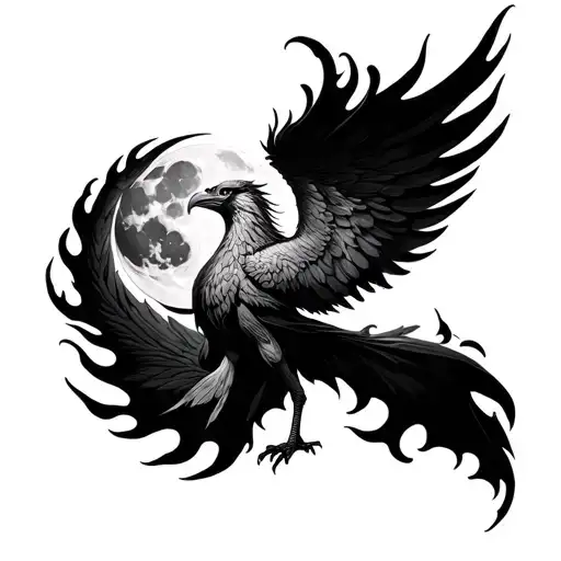 Phoenix rising from flames woth moon tattoo design idea