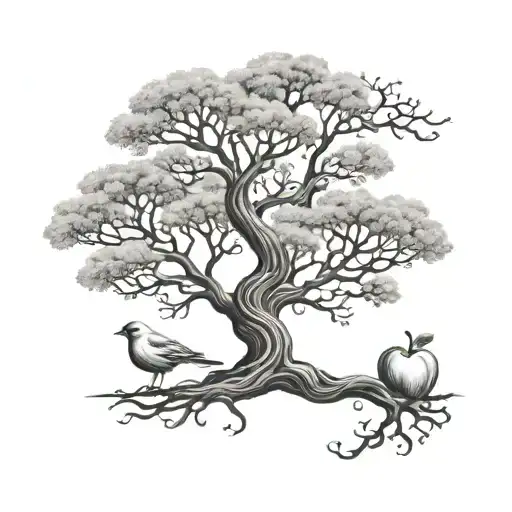 Tree Of Life with Adam and Eva in both side of the tree and an apple on branch tattoo design idea