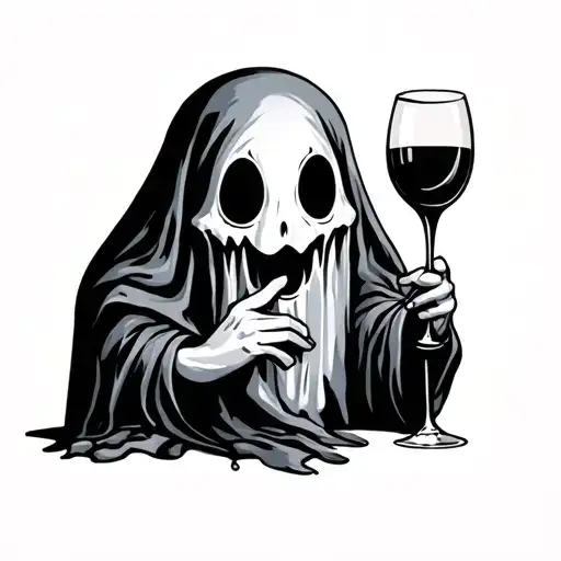 a cute ghost holding a wine glass tattoo design idea