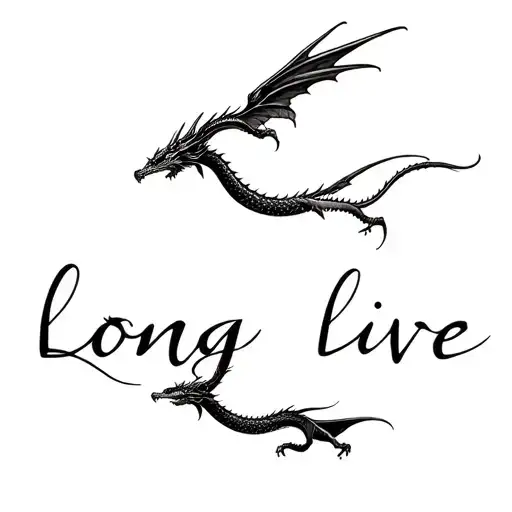 "long live" two small dragons flying with script font tattoo design idea