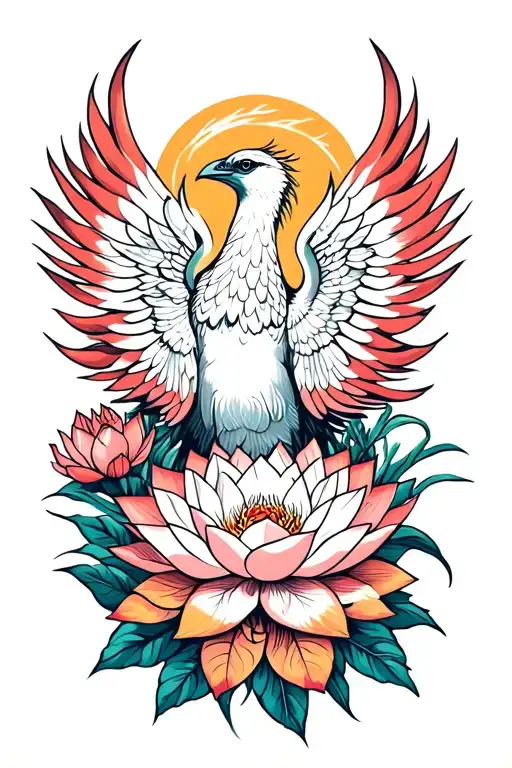 phoenix rising with lotus flowers intertwined tattoo design idea