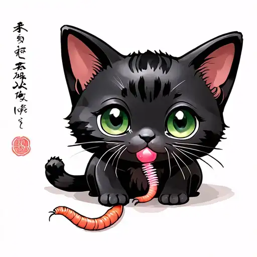 whole black kitten with green eyes and a small pink worm in his mouth, full body, cute tattoo design idea