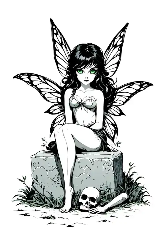 Fairy with black hair, green eyes sitting on a large tombstone holding a skull with a headless corpse on ground tattoo design idea