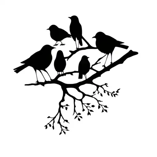 blackbirds on a branch representing 5 family members tattoo design idea