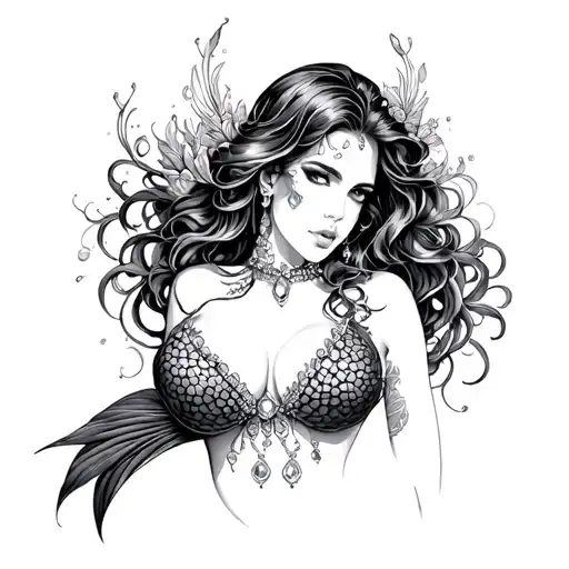 sultry full body mermaid, sexy eyes, glistening jewels, cleavage tattoo design idea